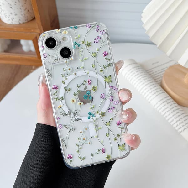 iPhone 13 Case, Magsafe Magnetic Compatible, Shockproof, Floral Pattern Protective Case, Clear Silicone, Anti-Yellowing, iPhone 13 Case