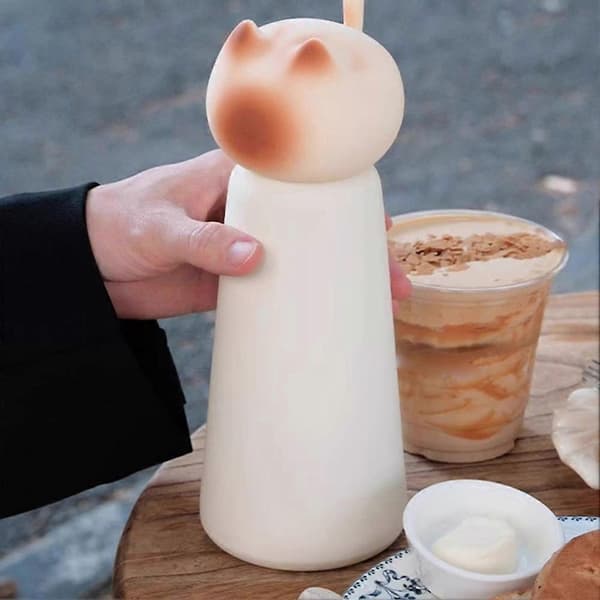 Isoleret kop i rustfrit stål med sødt katteformet design, bærbar Beige