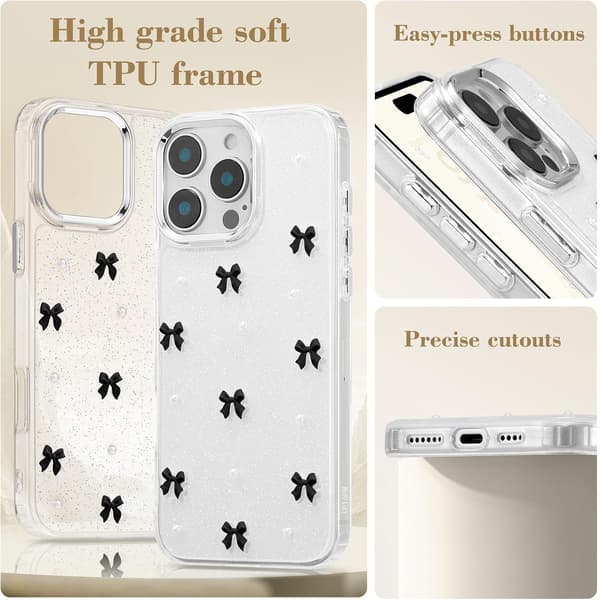 Case for iPhone 16 Pro Max, Bling Glitter 3D Bow Phone Case Cute Sparkly Crystal Clear Bow Slim Soft Durable Protective Cover Black Black 16 Pro Max