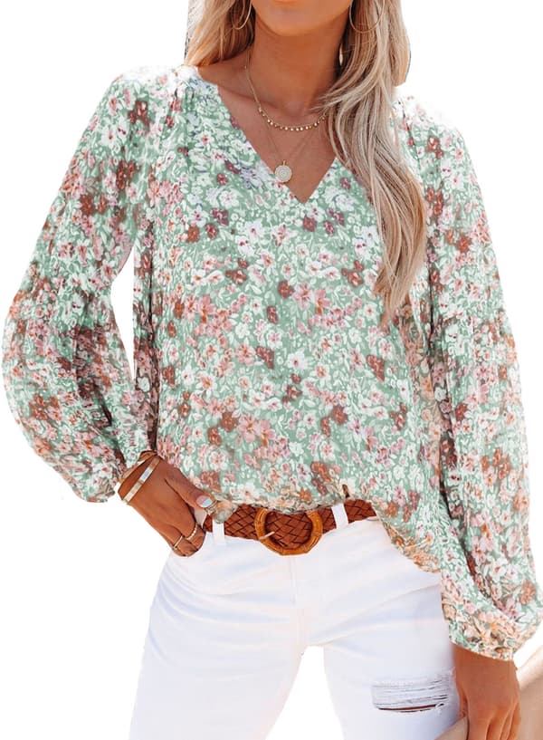 Dam Casual Boho Blommig Tryck V-hals Långärmad Lös Blusar