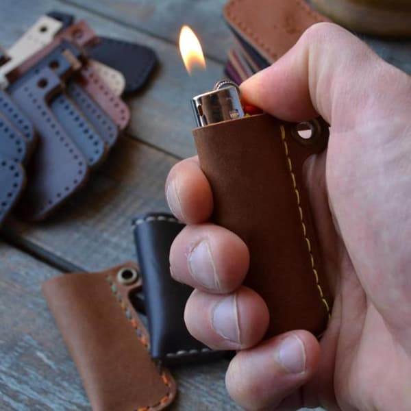 Leather Lighter Holder Keychain, Protective Case for BBQ Lighters - Rustic Storage Pouch with Belt Clip, Fits Most Standard