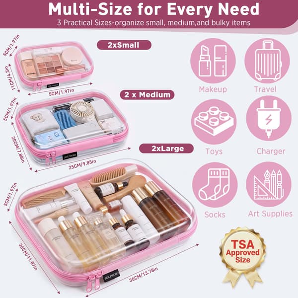 Gennemsigtig hård lynlåstaske til makeup-opbevaring, TSA-godkendt Pink 3 Pack (M+2S)