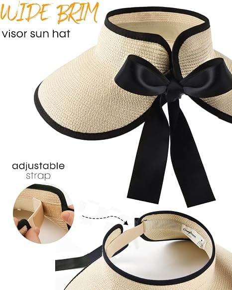 Women's Sun Hat Wide Brim Foldable Straw Hat Ponytail Wearable Packable Summer UPF 50+