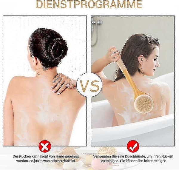 Rygbørste med 2 massagebørster - Kropsbørste til bad og peeling - Premium brusebørste til dig