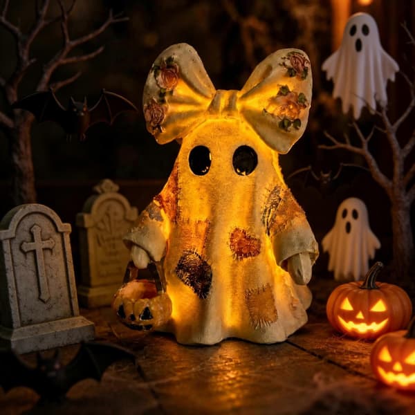 Vintage Patchwork Lysende Spøgelsesdekoration med Lys til Halloween Resin Style