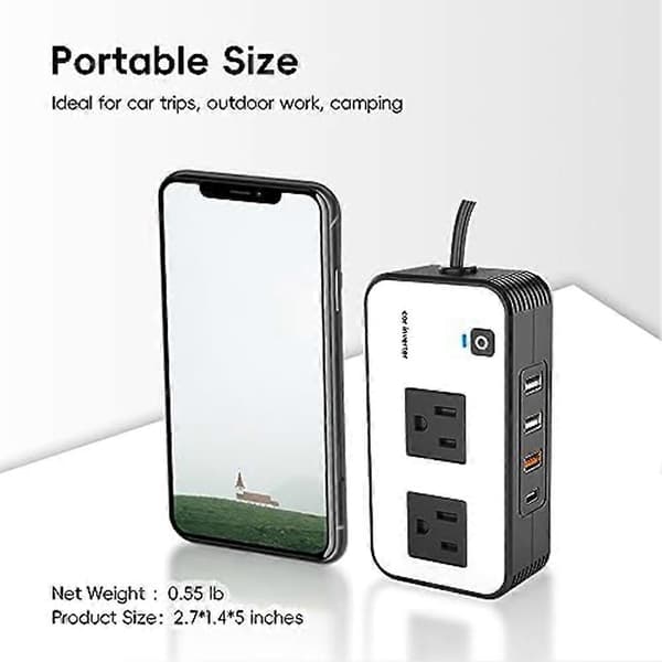 200W bilstrømomformer, DC 12V til 110V AC bilpluggadapterkontakt med USB hurtiglader 2.4A USB/bærbar billader