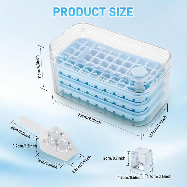 150 Cubes Ice Cube Mold with Lid Including Container, Easily Press to Release Ice, 3 Tiers, Scoop (Blue)