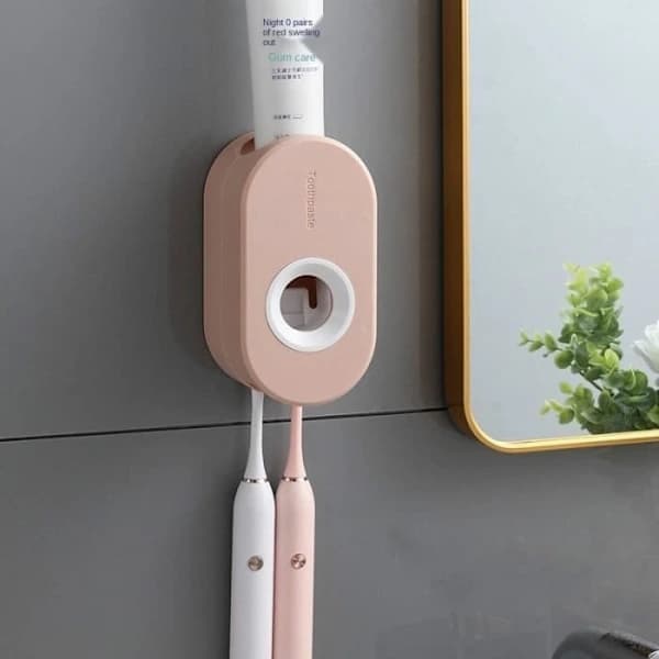 Two-piece automatic self-adhesive toothpaste dispenser set, toothbrush holder, wall-mounted suction cup toothpaste dispenser