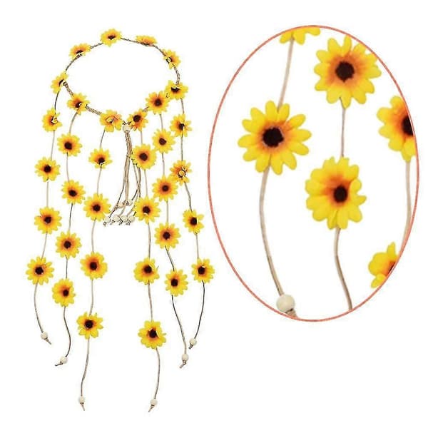 Pannebånd Blomsterkrone, Dame Hippie Hodeplagg Justerbart Blomsterhodeplagg Hårtilbehør, 5305 Yellow