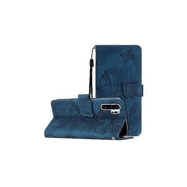 Compatible with Huawei P30 Pro Embossed Butterfly Case with Wallet and Stand - Blue Blue