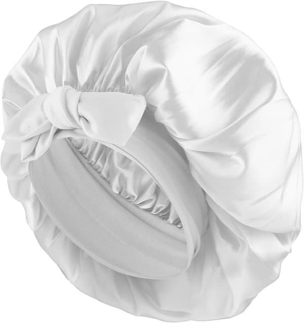 Satin Sovehætter til Kvinder, 1PC Satin Nat Sovehætte Bløde Silkehætter til Sove, Hårhætte med Bindebånd (Hvid)