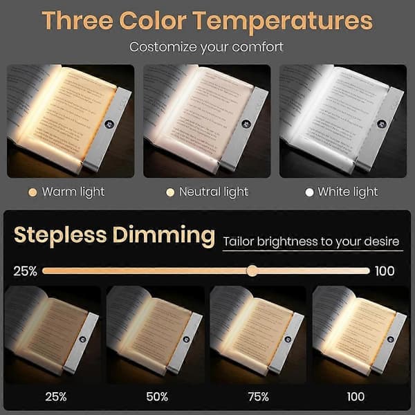 Flat boklys oppladbart klart LED smart leselys med timer dimbar øyebeskyttelse for nattbord reise studie B Black