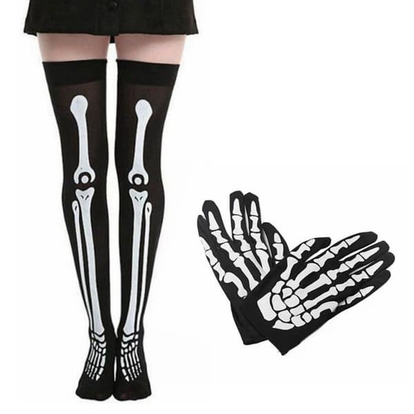 Halloween bensæt skeletstrømper og handsker One Size 4-delt sæt