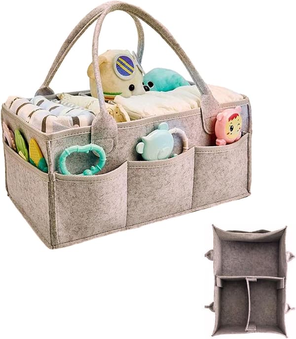 Felt Diaper Caddy for Babies, Diaper Organizer, Portable Storage Basket, Large Nursery Bag with Interchangeable Compartments