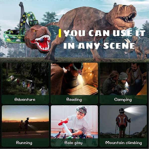 LED Dinosaur Hodelykt for Barn med Justerbart Hodebånd Campingutstyr USB-lading Dinosaurleke