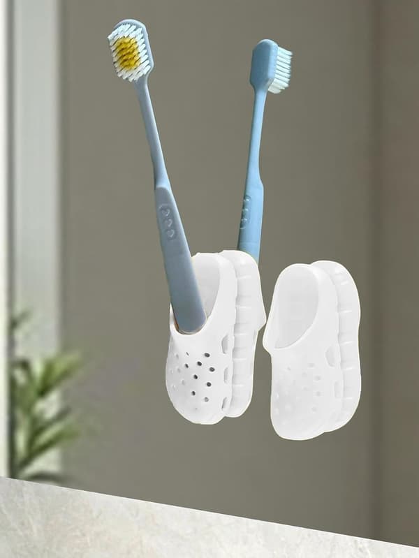 White Mini Slipper and Toothbrush Holder (1 Pair) - Self-Adhesive Wall Mounted Storage Rack, Suitable for Kitchen and Desk - No Drilling Required
