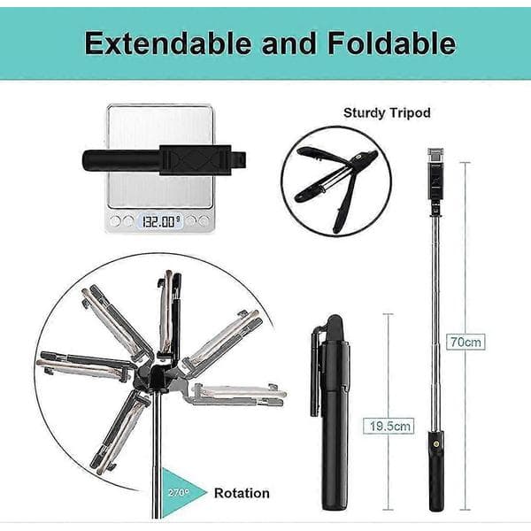 Bluetooth Selfie Stick Stativ Med Fjernkontroll, Roterende Selfie Stick