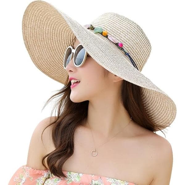 Women's Wide Brim Straw Hat, Soft Foldable Roll-Up Sun Hat for Beach with UPF 50+