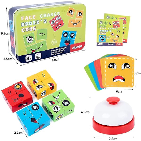Wooden Face-Changing Magic Cube, Building Blocks Game Matching Expression Puzzle Toy With Clock