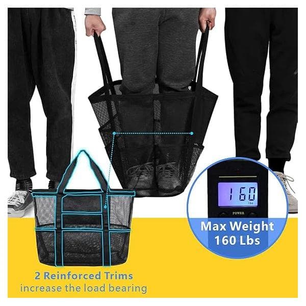 Verkkokankainen rantakassi perheelle - Rantakassi 7 taskulla, rantapyyhekassi black