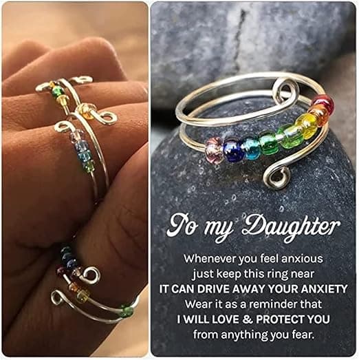 Drive Away Your Anxiety with Rainbow Beads Fidget Ring, Beads Spinner Ring, Adjustable Opening