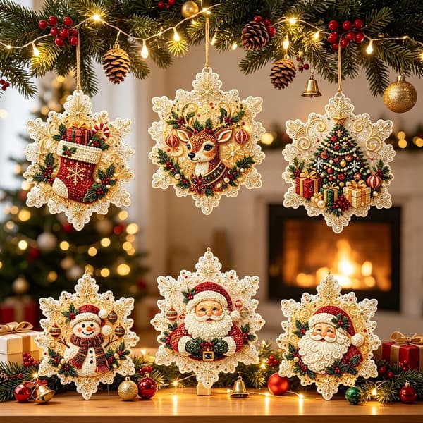 6-delt julepyntsett for voksne med perle- og diamantkunst for DIY