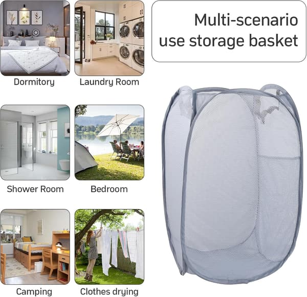 Pop Up Mesh Laundry Baskets, Storage Baskets, Dirty Laundry Hamper with Handles for Home, Kids Room (White)