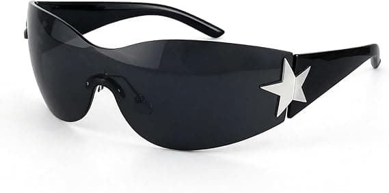 Sorte rammeløse omsluttende solbriller, unisex, retro Y2K overdimensionerede stjerneformede solbriller, cool og stilfulde, perfekte til ravefester.