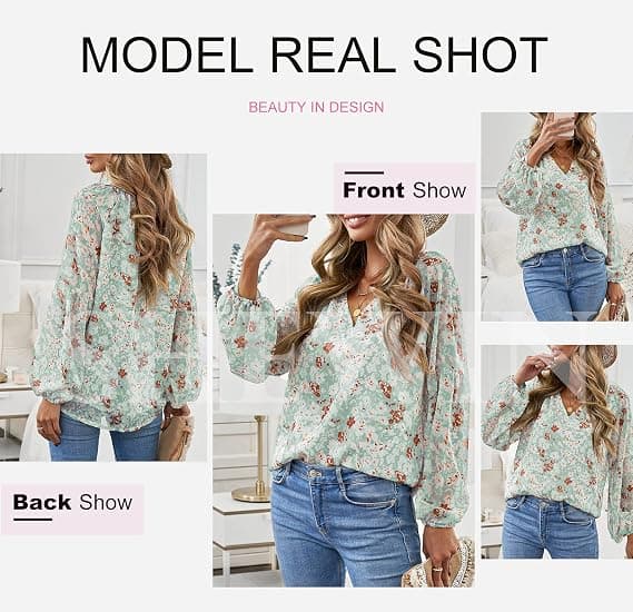 Dame Casual Boho Blomstret Print V-hals Langærmede Løse Bluser
