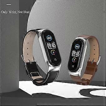 Læderrem til Xiaomi Mi Band 6 / 5 / 4 / 3 (Sort Sølv)