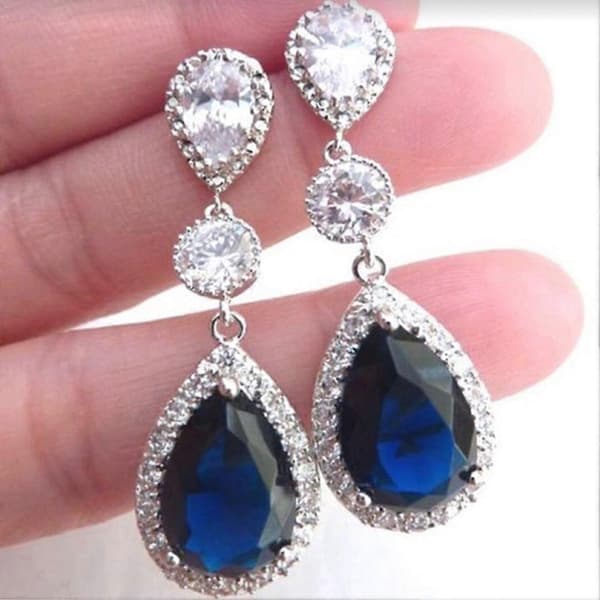 QingHai Mode Rund Droppformad Strass Hängande Örhängen Bröllopsfest Smycken Present Blue
