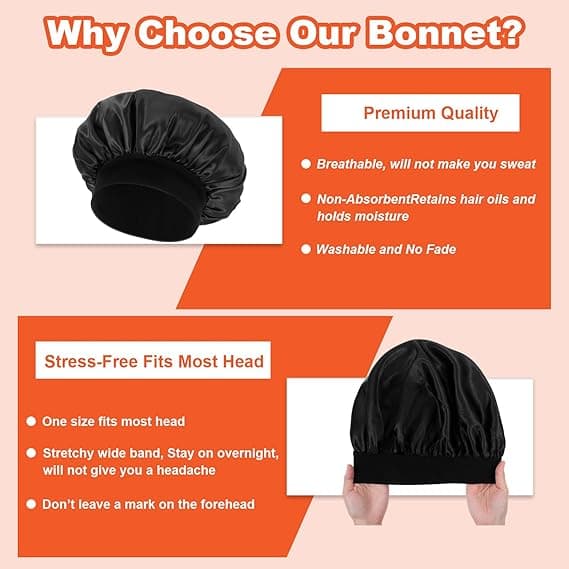 1 STK til mænd og kvinder Sort, Sort Bonnet, Sovehætte med Bredt Bånd, Velegnet Sovehår Bonnet
