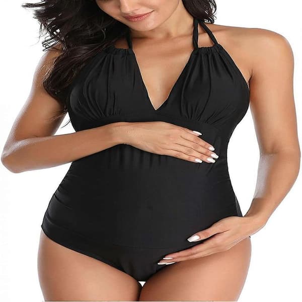 AVEKI Ventedragter til gravide, ét stykke, V-hals, graviditetsbadetøj, halterneck-bikini til gravide, sort, 2XL