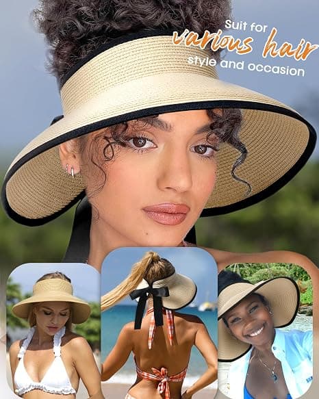 Women's Sun Hat Wide Brim Foldable Straw Hat Ponytail Wearable Packable Summer UPF 50+