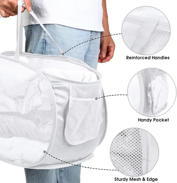 Durable Foldable Laundry Baskets, Mesh Pop Up Laundry Hamper, for Laundry, Bathroom, Kids Room or Travel White