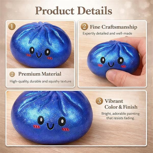 Squishy Dumpling Lysende Stressaflastende Legetøj med Damperboks til Børn/Voksne, Sensorisk Plyslegetøj til Kontor/Hjem (Glittereffekt) (Blå)