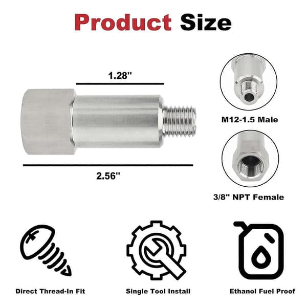 Kjølevannstemperatursensoradapter i rustfritt stål M12 1.5 til 3/8” NPT LS