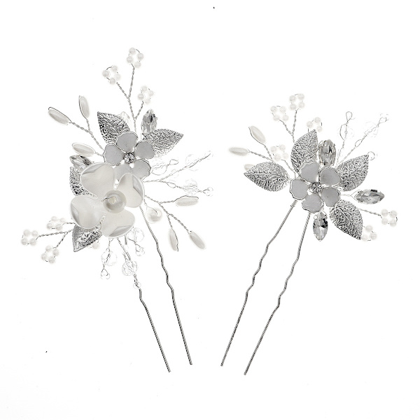 Sølv par, fire blad U, hår bryllup blomster hår tilbehør