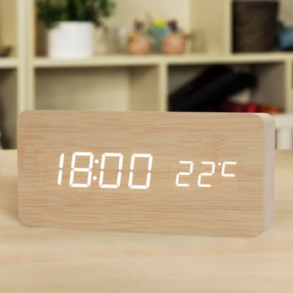 Digital väckarklocka trä USB/batteri termometer LED-display för hemkontorsinredning barn - vit A Beige