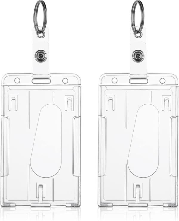 ID Card Holder with Keychain 2-Pack Durable Transparent Card Protectors Thumb Grip Vertical