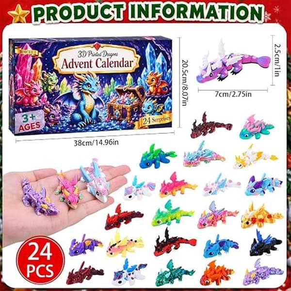 JOICEE 2026 Julekalender med mini 3D-printede dragedyr Multicolor