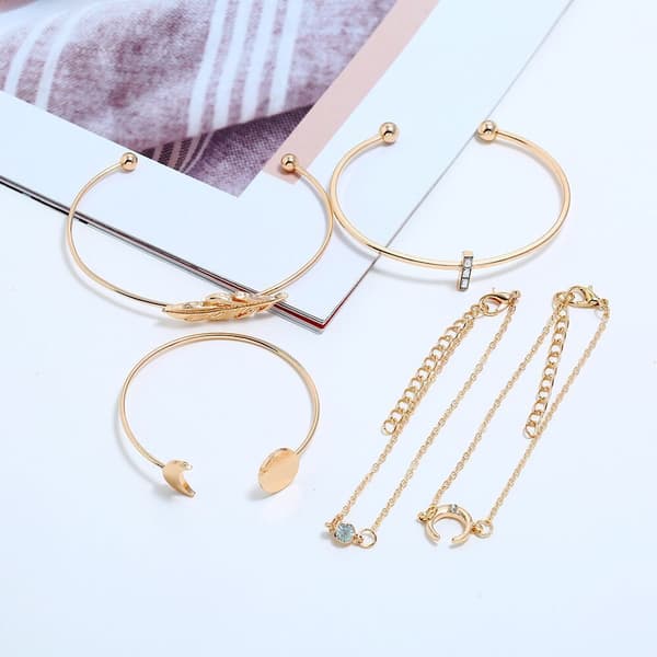Boho Sett med 5 Gullfargede Åpne Bladformede Armbånd for Kvinner