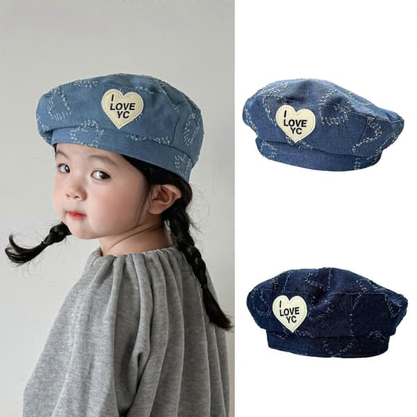 Denim Baret Hat med Hjerte Design Moderigtig og Sød Denim Malerhat til Piger Efterår Vinter Hat til Små Piger lyseblå ljusblå