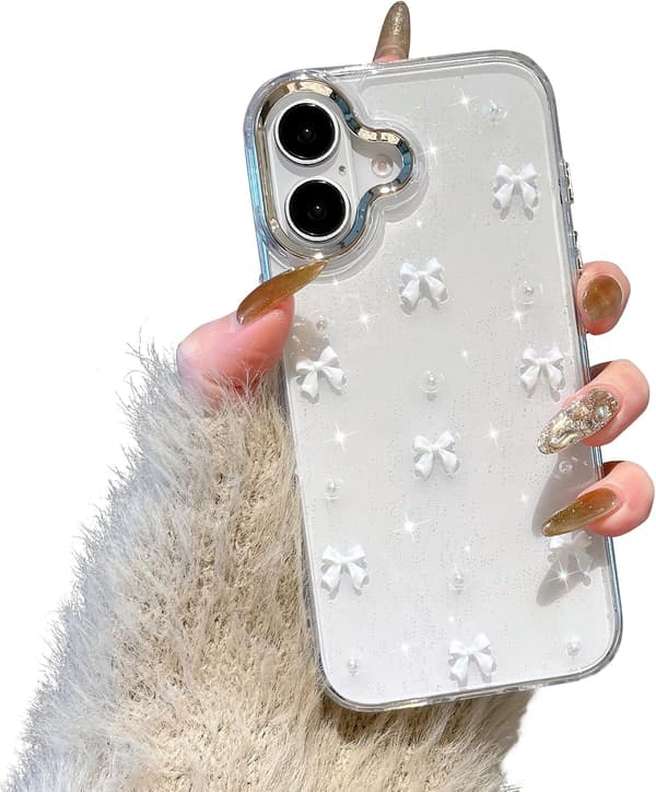 Case for iPhone 16, Bling Glitter 3D Bow Phone Case Cute Glittery Crystal Clear Bow Slim Soft Durable Protective Case Whit White iPhone 16