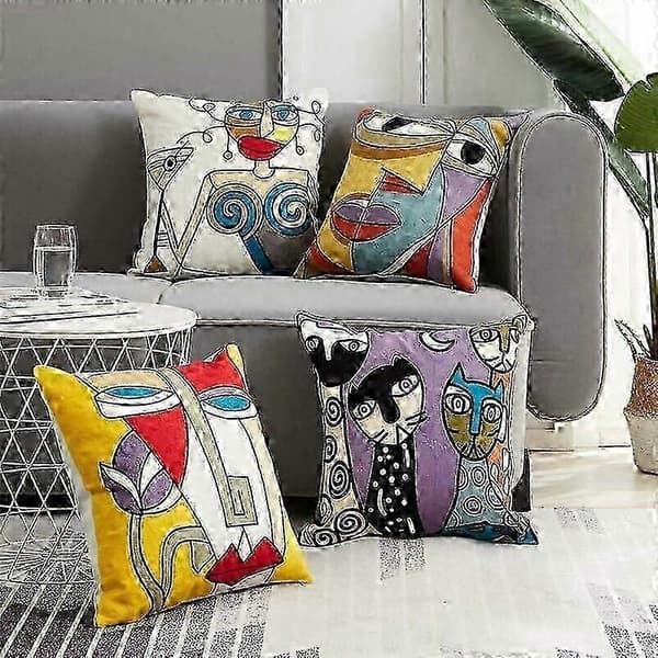 Broderede dekorative pyntepuder, bløde og hudvenlige, skandinavisk design linned pudebetræk til sofa seng, Picasso design usynlig