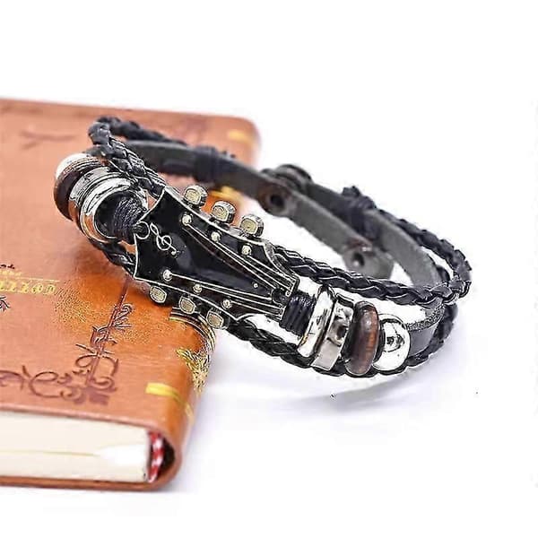 Retro Gitarrarmband i Konstläder, Rockmusik Gitarrläderarmband i Zinklegering Black