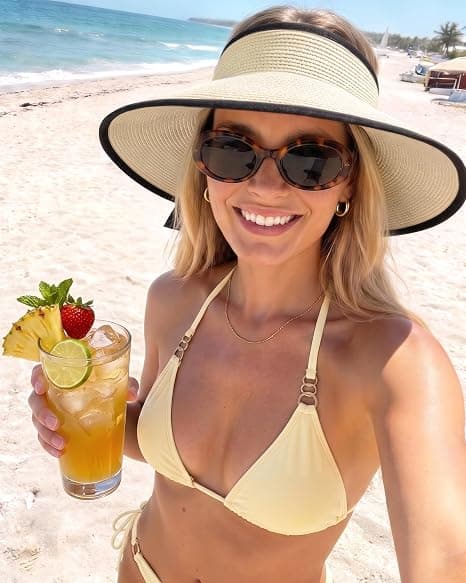Women's Sun Hat Wide Brim Foldable Straw Hat Ponytail Wearable Packable Summer UPF 50+