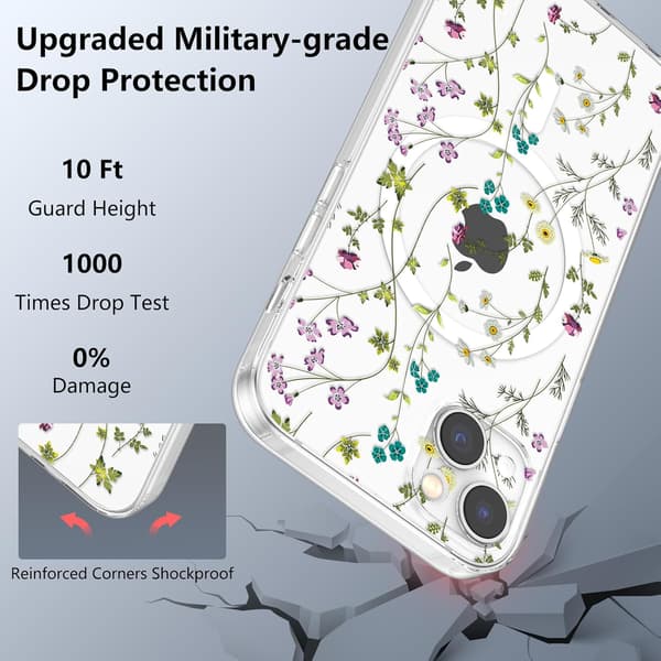 iPhone 13 Case, Magsafe Magnetic Compatible, Shockproof, Floral Pattern Protective Case, Clear Silicone, Anti-Yellowing, iPhone 13 Case