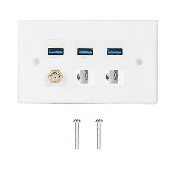 Vit väggplatta för RCA + 3-portars USB 2.0 + 2-portars CAT6 med modul