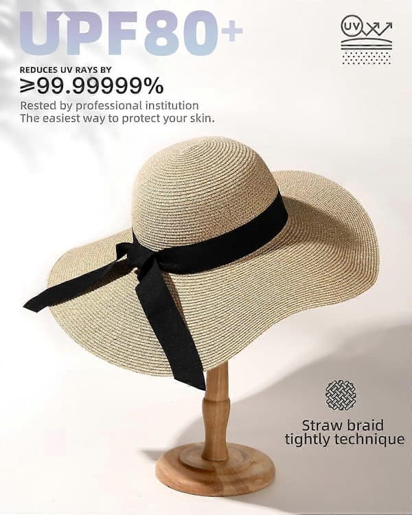 Dame Solstråhat Bred Skygge UPF 80 Sommerhat Sammenfoldelig Pakbar Floppy Strandhatte til Kvinder Blanda Beige Medium-Large